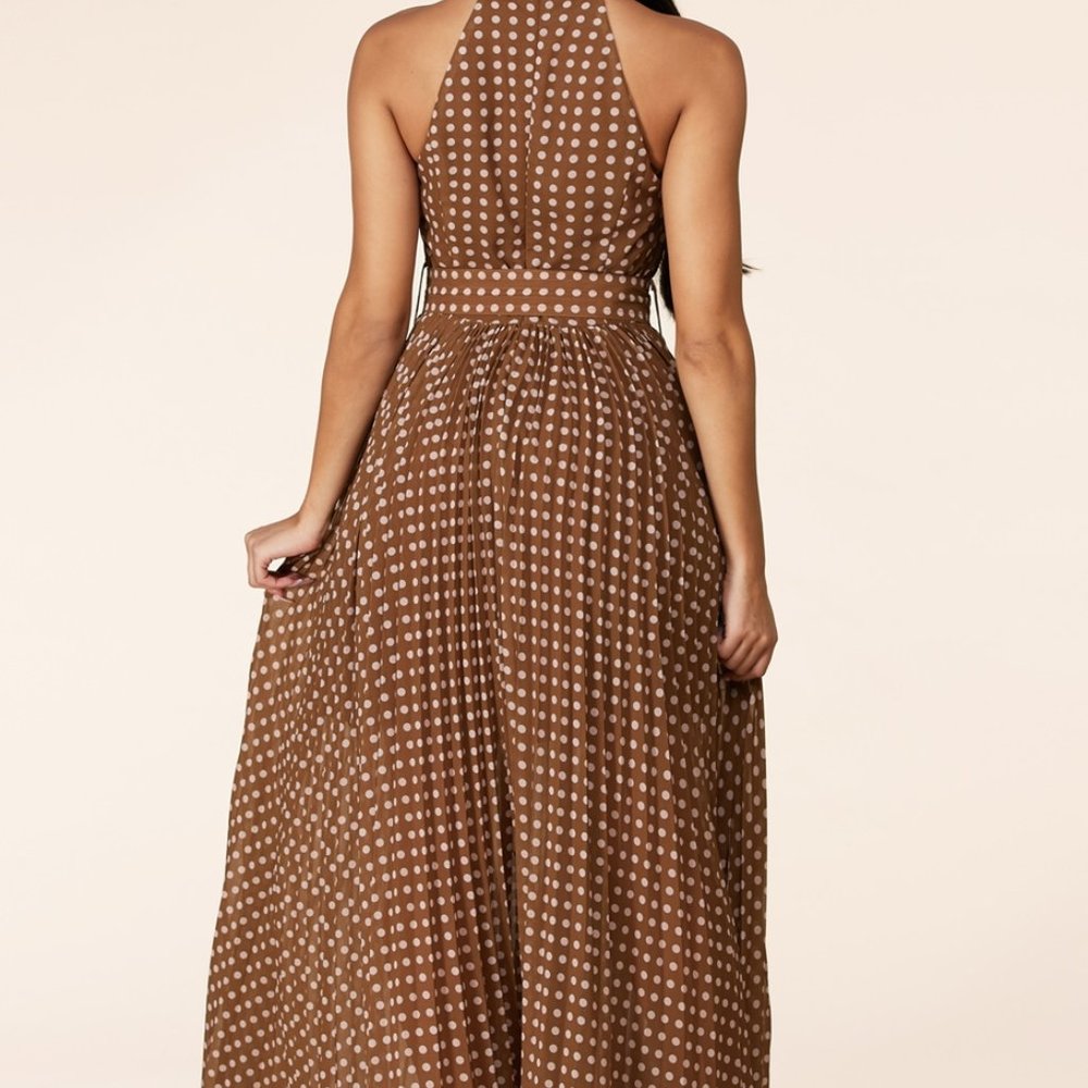 BROWN PLEATED MOCK NECK MAXI WITH PINK POLKA DOTS - Picture 3 of 7